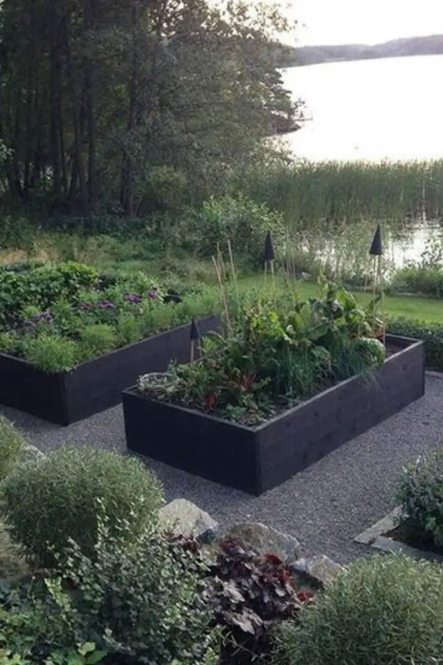 exemple amenagement jardin cure carré potager hors sol simple moderne pratique 