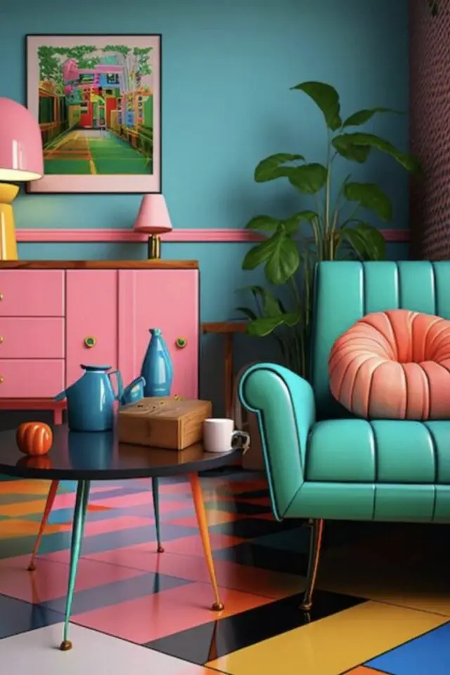 caractéristique décoration maximaliste salon couleur vintage vert rose bleu plante fauteuil buffet table basse objets déco