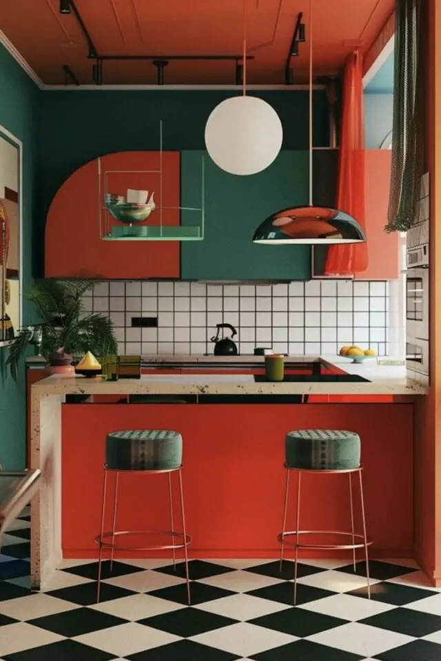 caractéristique décoration maximaliste cuisine aplat de couleur orange et vert grande proportions esprit vintage années 70 