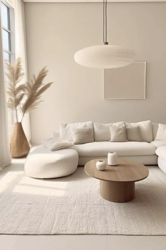 caracteristique decoration zen salon séjour neutre clair et lumineux tapis et sol ton sur ton canapé arrondi et cosy 