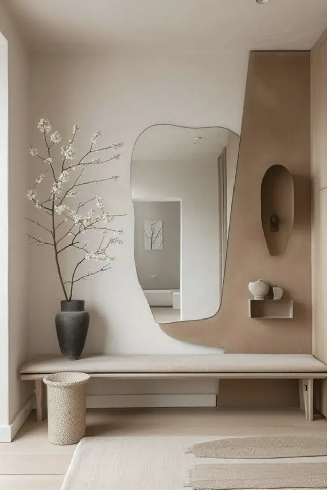 caracteristique decoration zen entrée banc épuré mur deux couleurs neutres miroir forme organique 