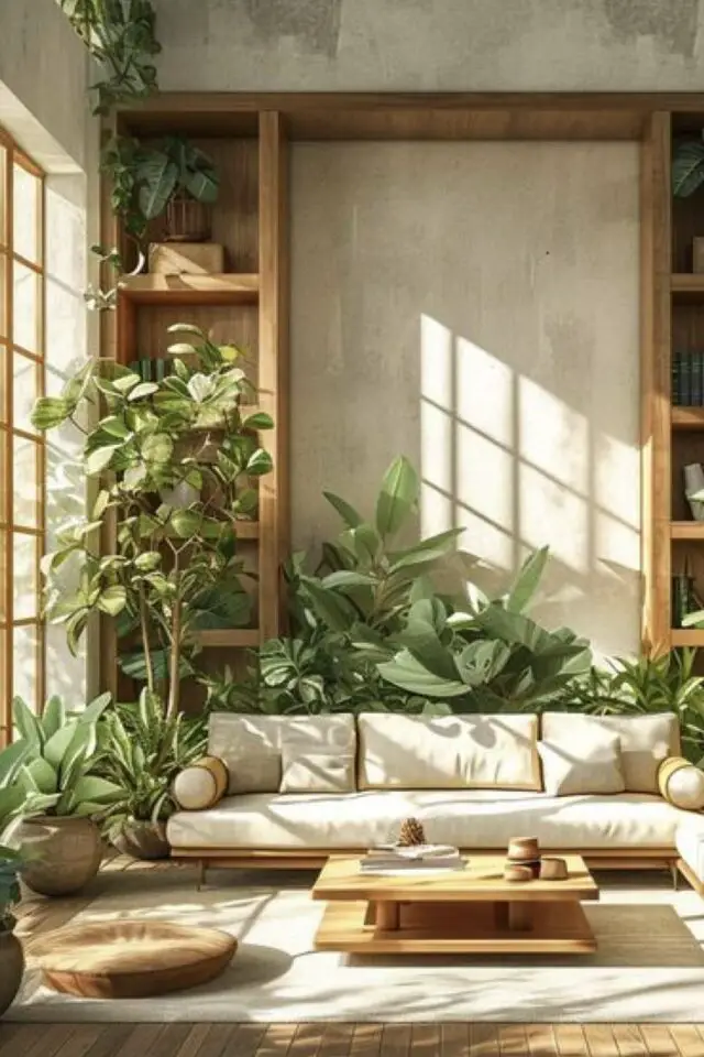 caracteristique decoration zen salon séjour trashwall écru meuble en bois bibliothèque canapé neutre et bois plantes vertes 