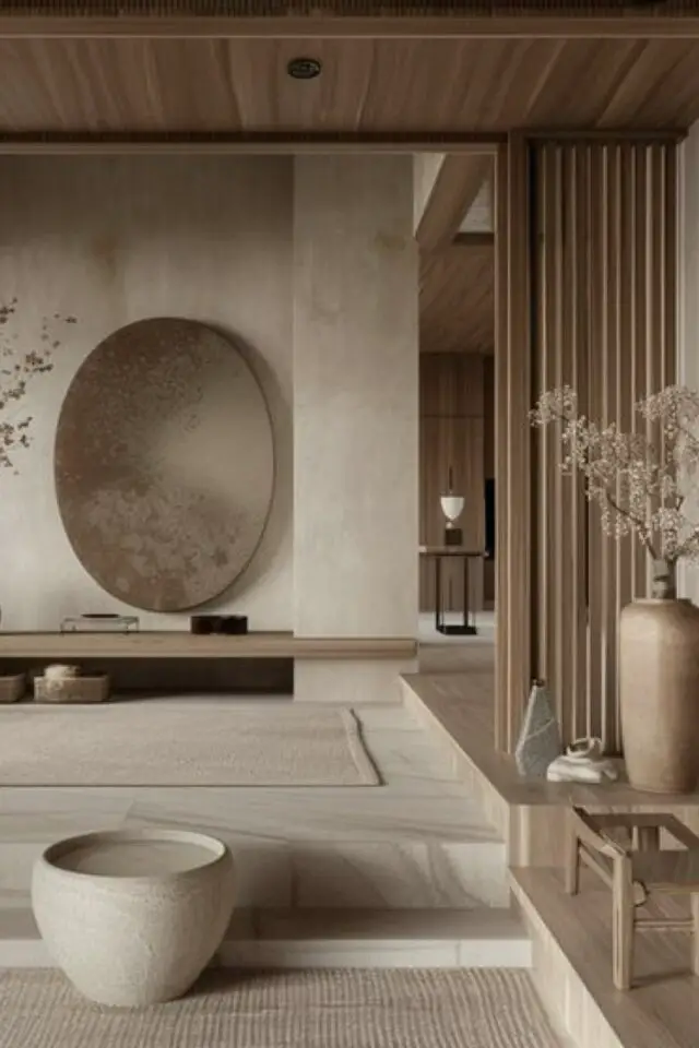 caracteristique decoration zen grand hall d'entrée miroir ovale banc sur mesure épuré claustra bois sol en marbre 