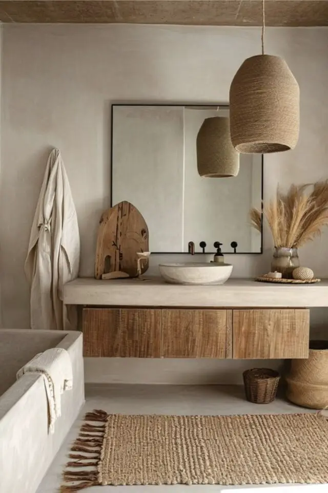 caracteristique decoration zen salle de bain élégante et apaisante bois matériaux naturel décor simple meuble vasque mural baignoire sus-mesure en béton ciré 