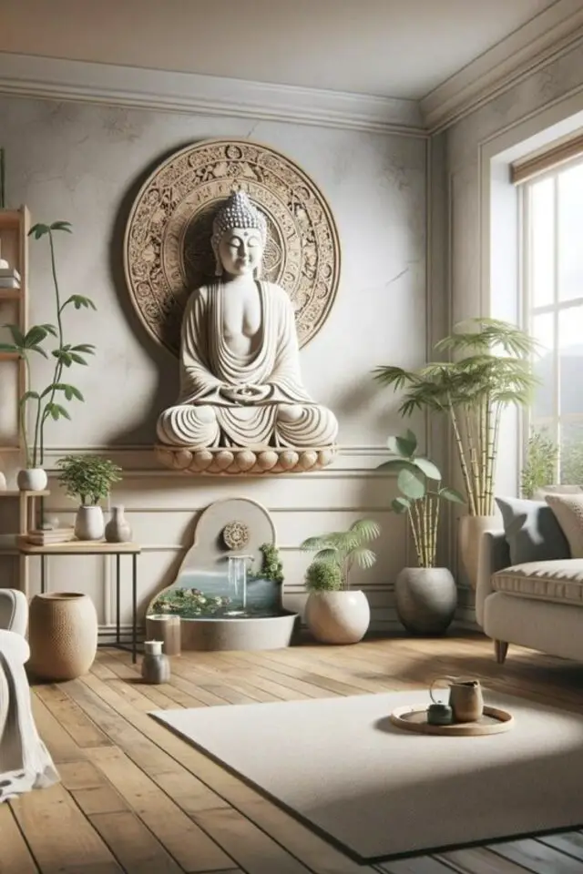 caracteristique decoration zen coin méditation grande statue de bouddha tapis canapé fontaine plantes vertes tropicales en pot 