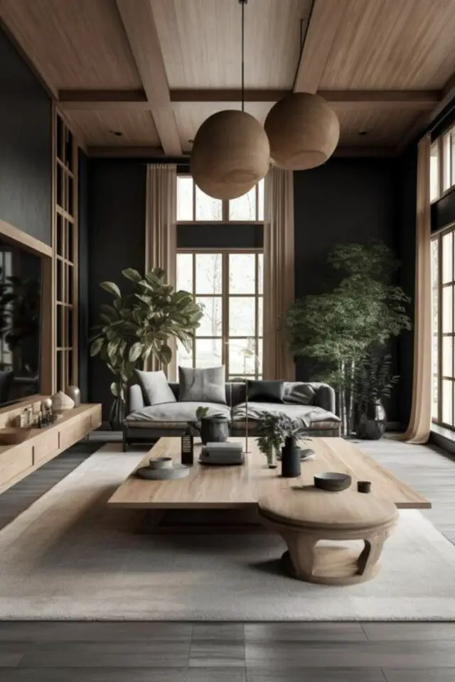 caracteristique decoration zen salon séjour couleur neutre gris anthracite foncé revêtement plafond bois canapé gris grande table basse 