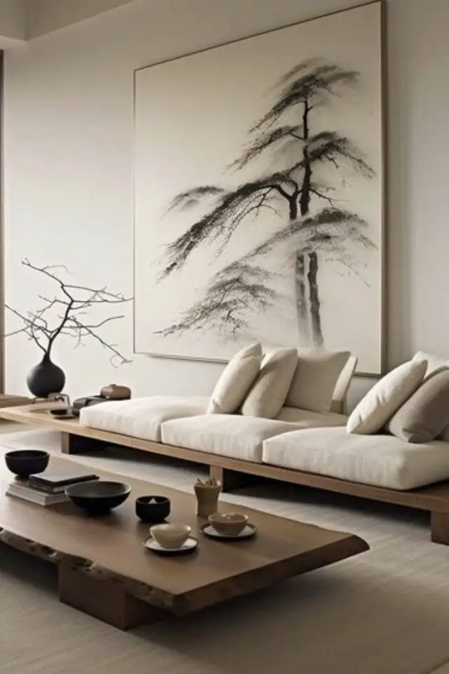 caracteristique decoration zen salon épuré minimaliste banquette en bois coussin écru table basse design organique tableau noir et blanc XXL 