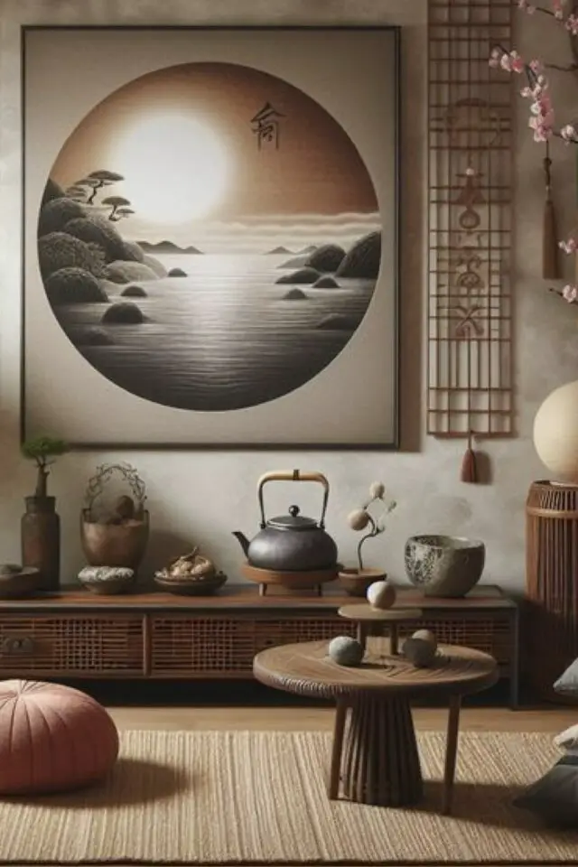 caracteristique decoration zen coin méditation tapis jonc de mer meuble bas tableau paysage thé petite table en bois travaillé 