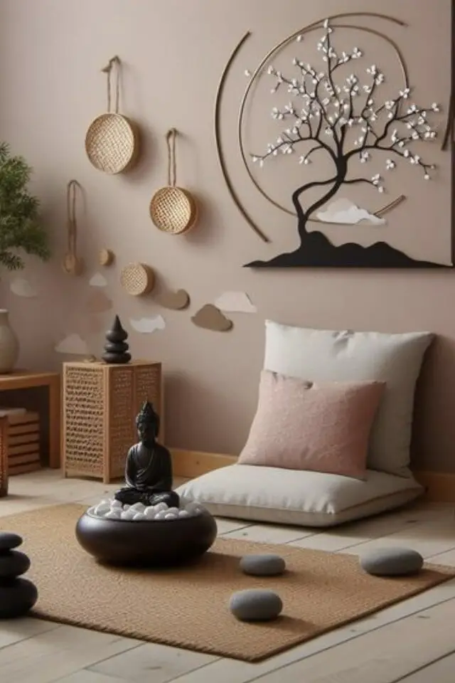 caracteristique decoration zen coin méditation yoga statuette bouddha déco murale naturelle 