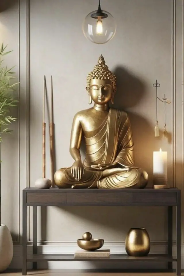 caracteristique decoration zen statue de bouddha dorée posée sur un meuble en bois console bambou bougie luminaire suspendu en verre 