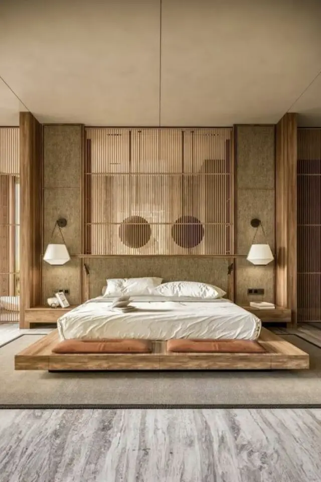 caracteristique decoration zen chambre à coucher bois couleur verte et ocre brun claustra luminaire 