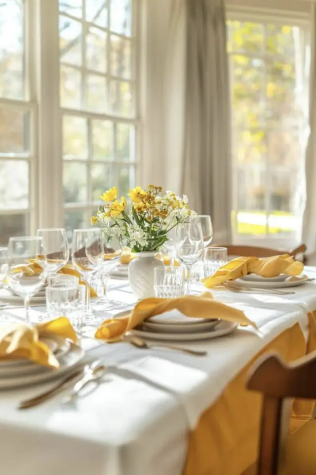décoration de table fête des mères blanche et jaune petites fleurs en bouquet jolie vaisselle simple et chic 