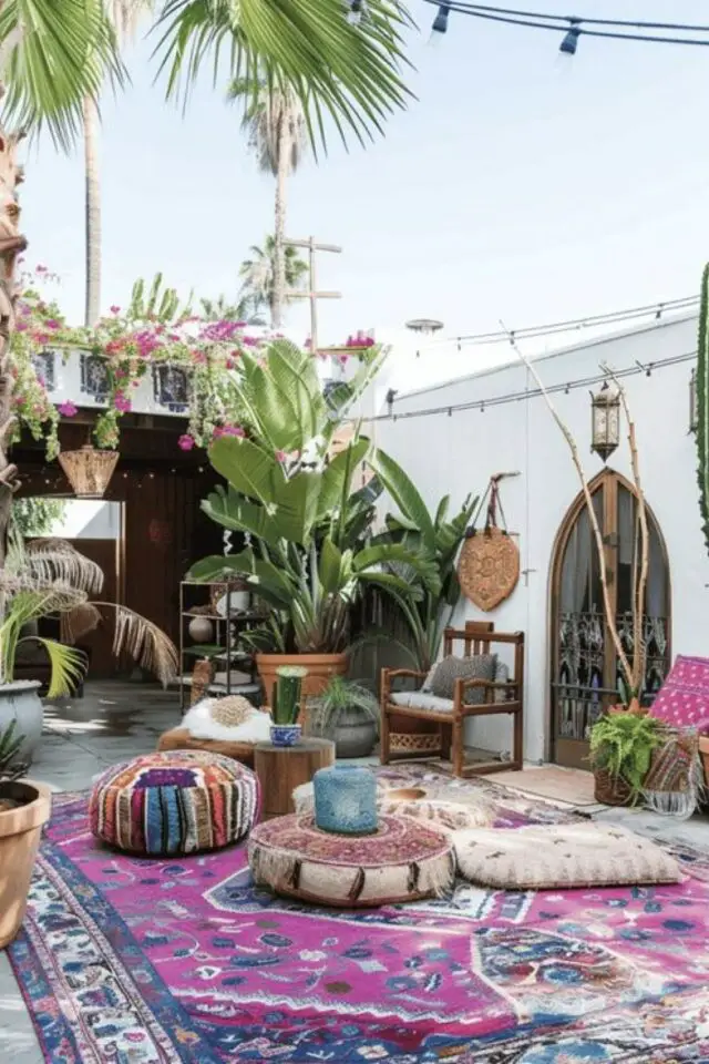 decoration terrasse exterieure voyage  couleur Mexique plantes tropicales en pot tapis coussins de sol 