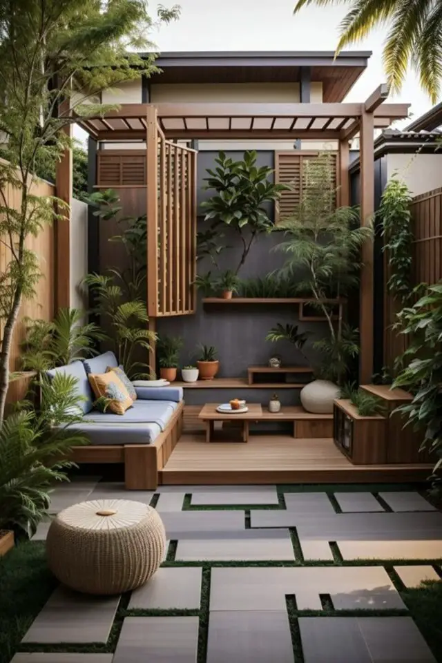 decoration terrasse exterieure voyage  Vietnam Japon minimaliste chic zen bois et pierre pergola plantes verte canapé de jardin en bois 