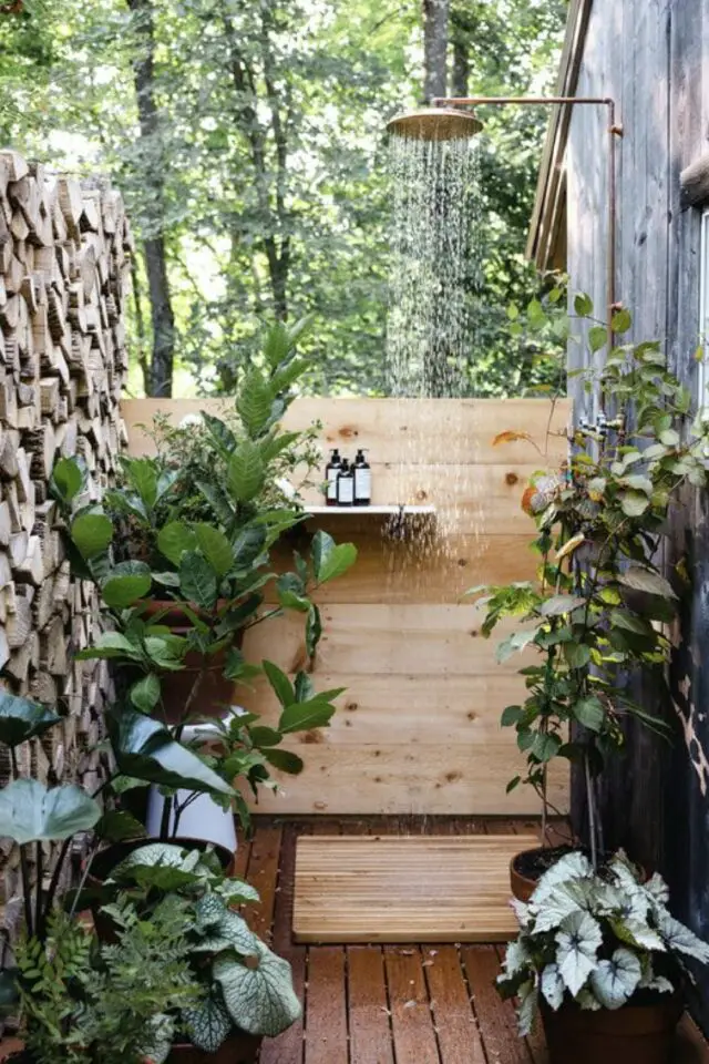 douche exterieure exemple deco arrière cour rangement bois plantes vertes installation ouverte