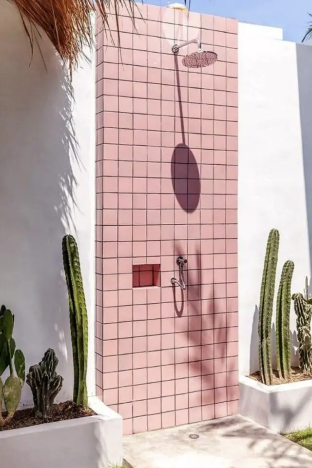 douche exterieure exemple deco ouverte mur carrelage rose jardinières cactus 