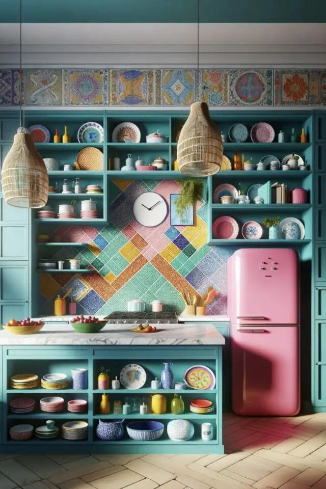 intérieur style maximaliste design cuisine crédence carrelage couleur frigo rose meuble bleu vert étagères ouvertes vaisselle 