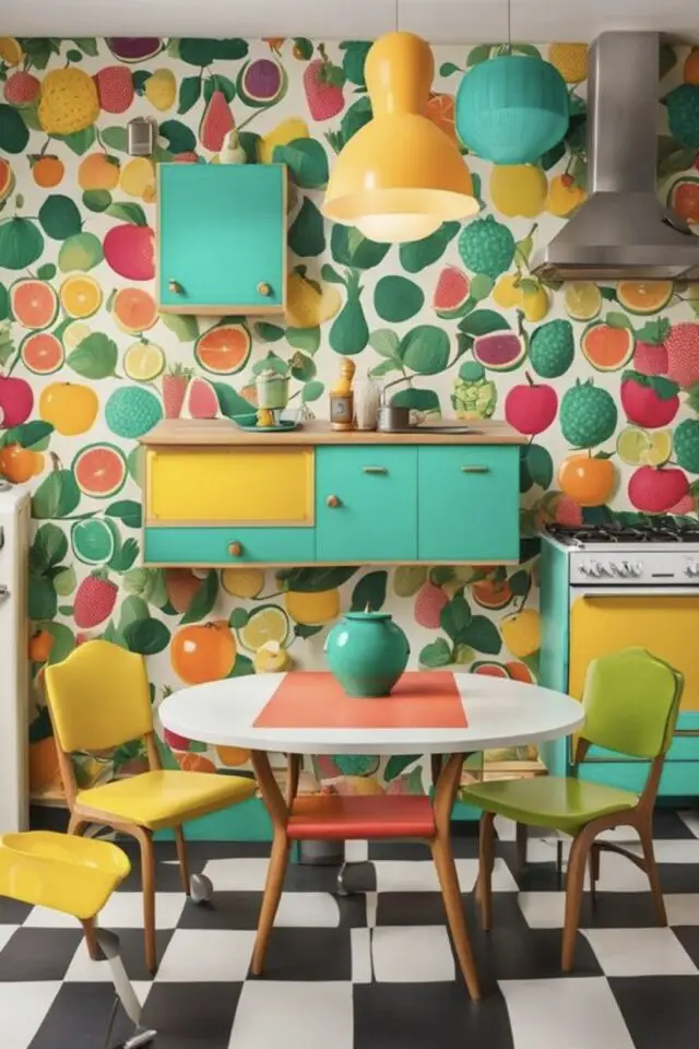 intérieur style maximaliste design exemple cuisine vintage jaune vert corail papier peint motif fruit rétro revêtement sol damier 