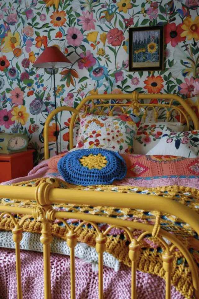 intérieur style maximaliste design chambre d'enfant papier pient à fleur lit en métal vintage jaune couverture tricotée coussin en crochet 