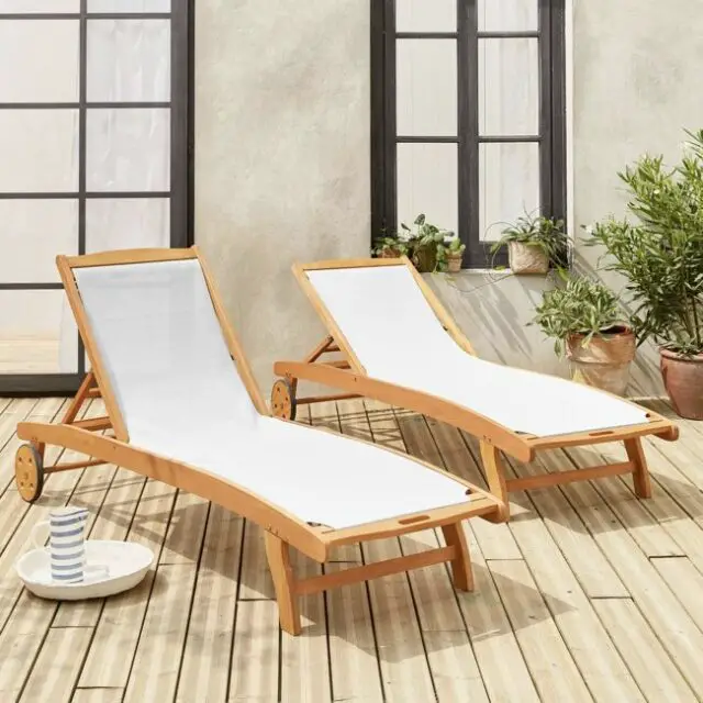 jardin confortable mobilier Bain de soleil bois multi positions avec roulettes (lot de 2)