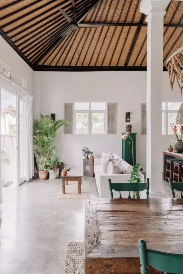 maison 3 chambres decor mexicain moderne salon blanc et bois avec une touche de vert meubles et plantes 