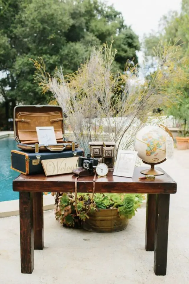 mariage theme voyage exemple table composition facile vieil appareil photo valise ancienne globe terrestre 