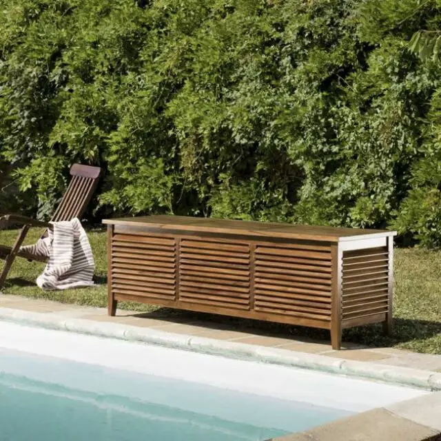 Coffre de jardin piscine en teck huilé 200x55 cm