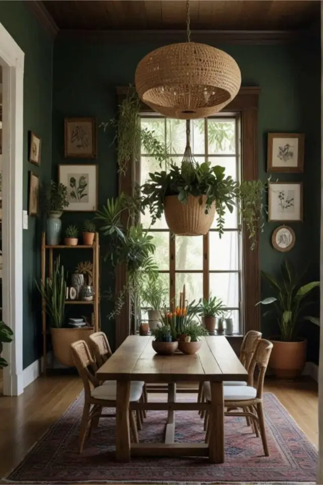 meuble rangement salle a manger moderne petit étagère avec porte pan de mur table en bois mur sombre élégant plantes vertes 