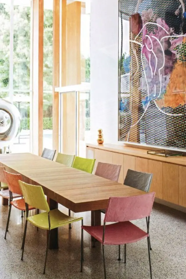 meuble rangement salle a manger moderne grande enfilade en bois clair surplombé d'un tableau abstrait XXL chaises colorées dépareillées 