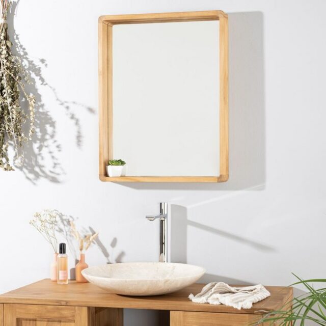Miroir en teck rectangle salle de bain 50 x 65 cm