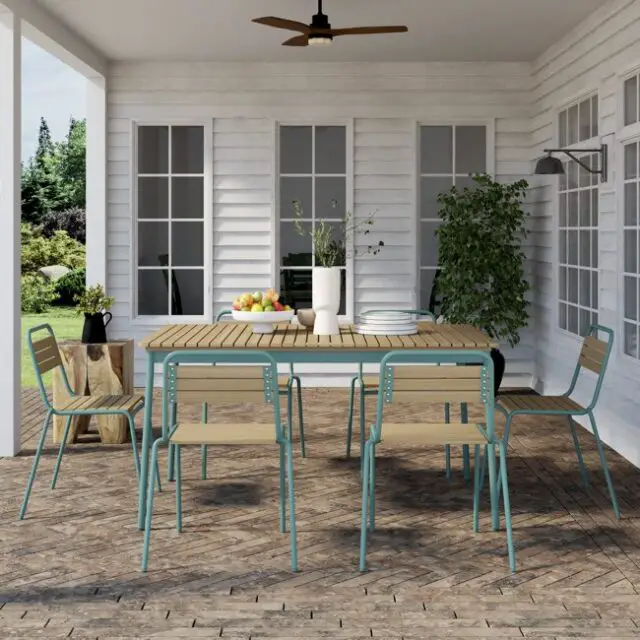 salon jardin repas exterieur bois Ensemble table et chaises en aluminium bleu canard et bois d'eucalyptus massif de jardin
