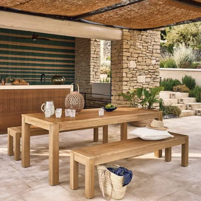 salon jardin repas exterieur bois Ensemble table de jardin et 2 bancs en bois d'acacia