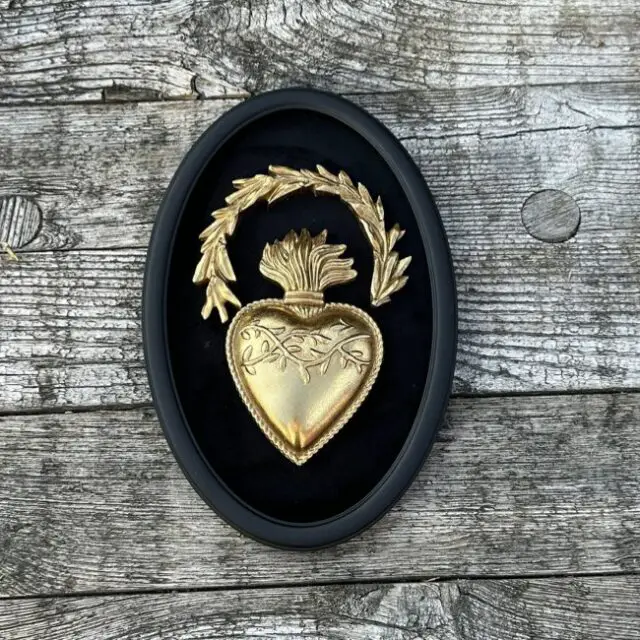 Cadre noir ex voto coeur et laurier 28x18,5 cm