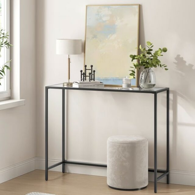 Table console style moderne verre acier transparent noir