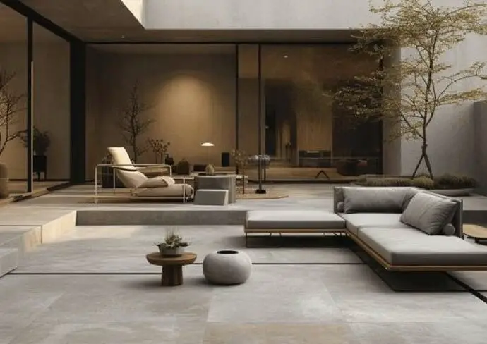 exemple terrasse en beton moderne elegante grand espace mobilier minimaliste en bois maison de ville