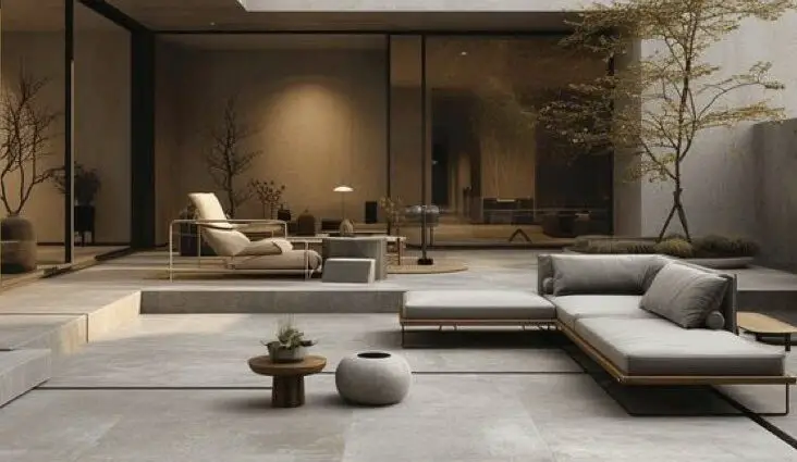 exemple terrasse en beton moderne elegante grand espace mobilier minimaliste en bois maison de ville