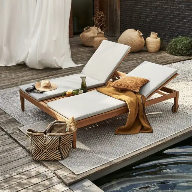 mobilier exterieur la redoute jardin bain de soleil pour 2 personnes en bois avec coussins et dossier inclinable séparément 