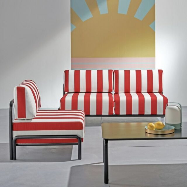 mobilier exterieur la redoute jardin canapé coussin à rayures rouge et blanc tendance French Riviera 