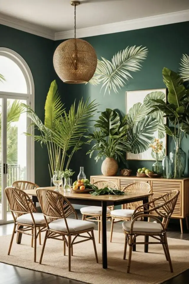 table de salle à manger moderne en bois rectangulaire buffet chaise en rotin ambiance urban jungle plantes natures 