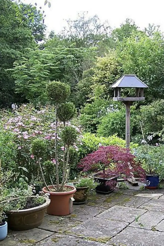 transformer le jardin en un week-end mangeoire à oiseaux terrasse en béton pot de fleurs espace nature facile 