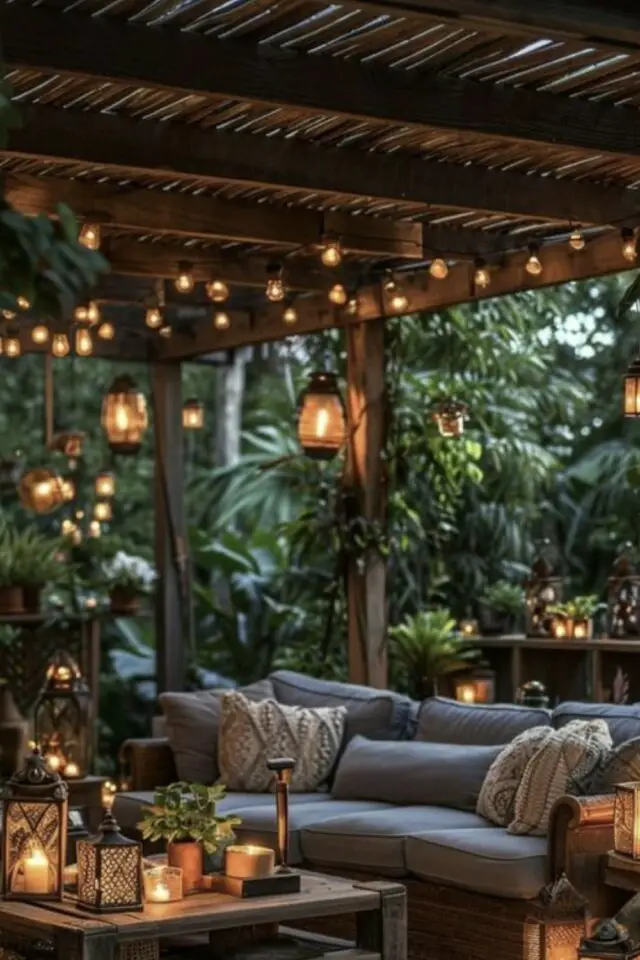 transformer le jardin en un week-end lanterne pergola guirlandes lumineuses salon de jardin cosy et agréable 