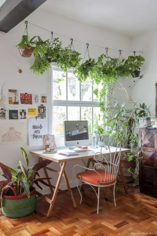 accessoire bureau couleur plantes d'intérieur suspendues posées au sol cache-pot panier 