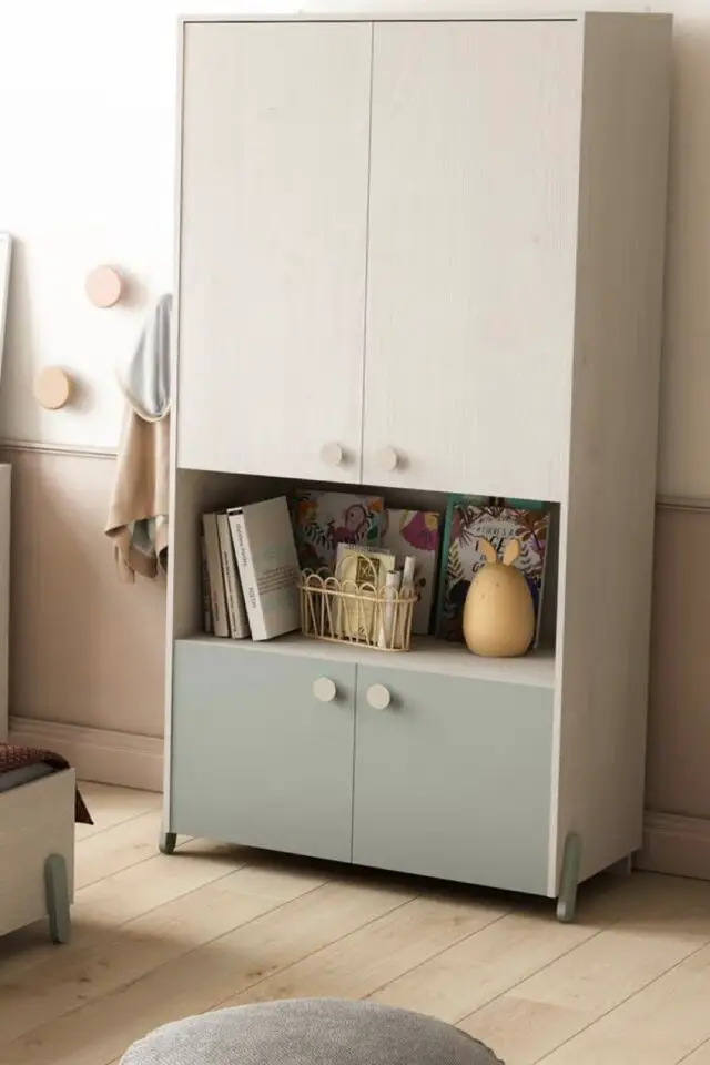 Armoire Enfant 4 Portes avec penderie, Décor bois et vert