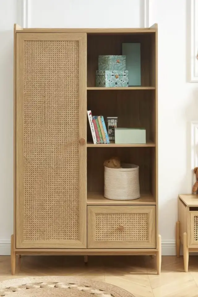 Armoire effet bois et cannage rotin 1 porte et 1 tiroir