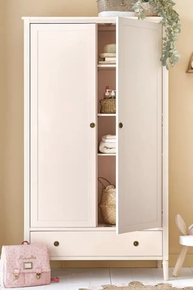 Dressing 2 portes 2 tiroirs beige rosé chambre enfant fille