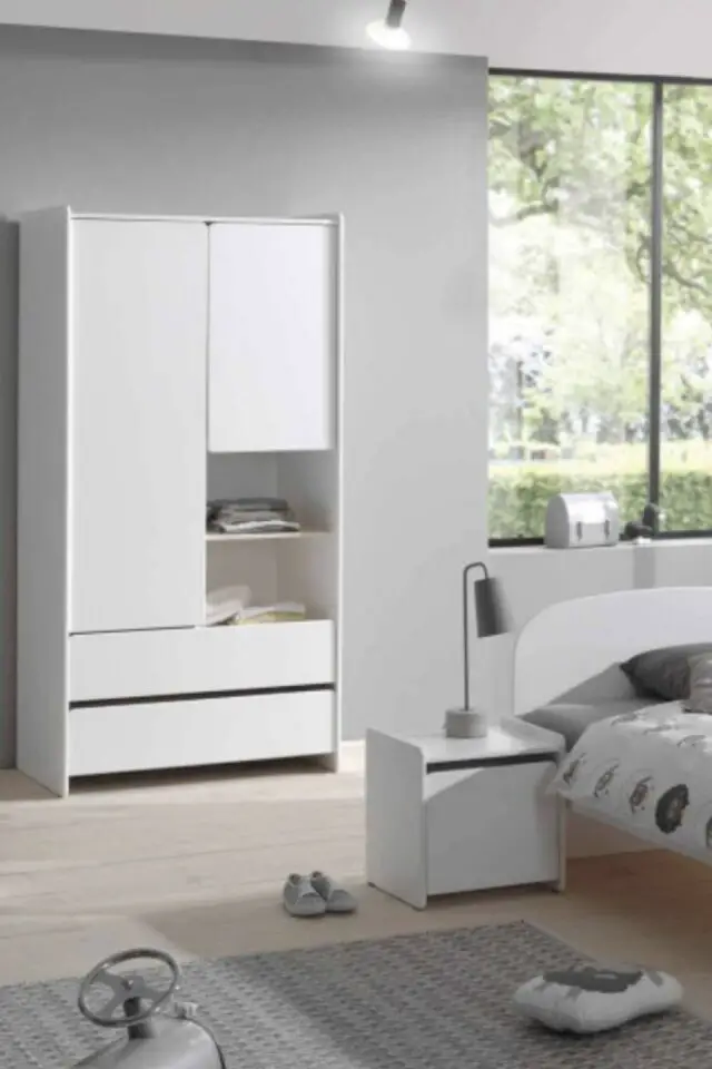 Armoire enfant 2 portes 2 tiroirs bois laqué blanc