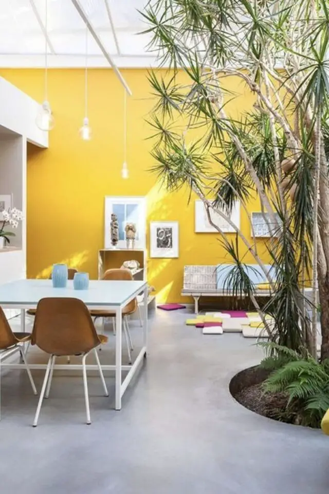 bureau à domicile couleur exemple lur accent jaune grand bureau partagé plante verte arbuste intérieur 