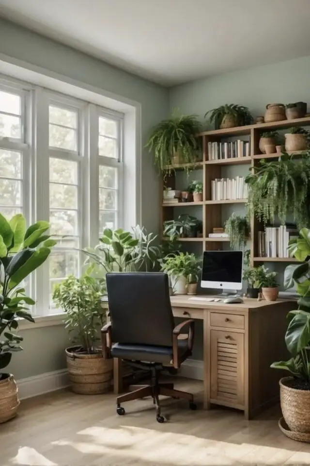 bureau à domicile couleur exemple nature peinture verte plantes intérieures meuble en bois fauteuil gris 