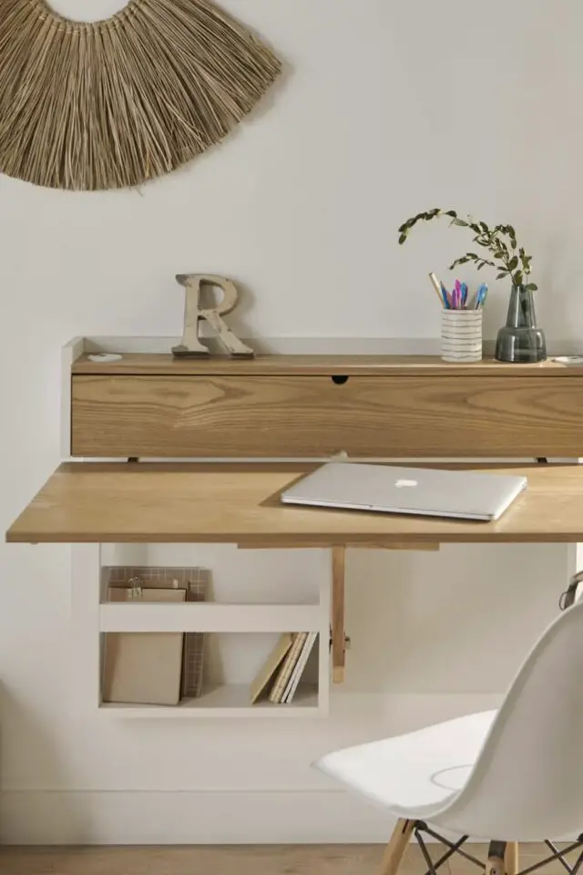 Bureau mural rabattable 100 cm bois et blanc simple et pas cher