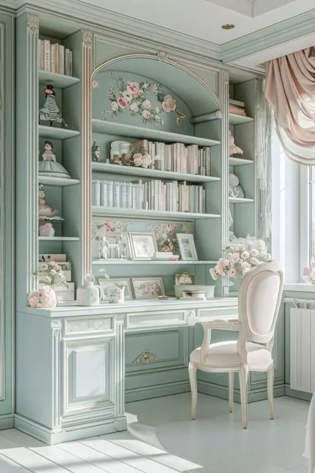 caractéristiques style regencycore décoration La Chronique des Bridgerton bureau bibliothèque couleur bleu pastel fleur chaise blanche 